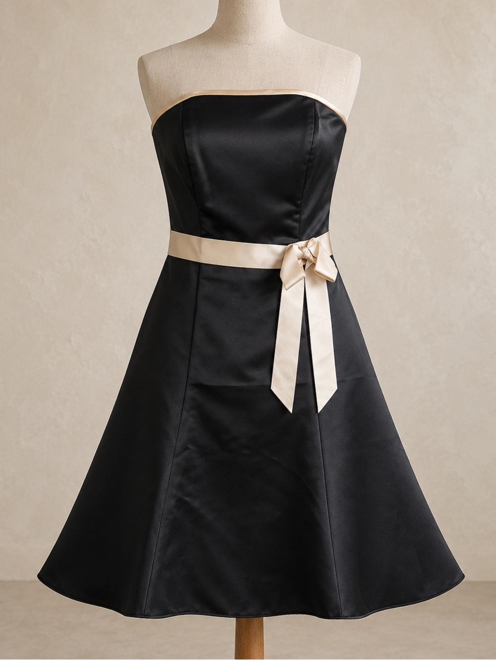 Jessica McClintock Black Strapless A-Line Dress with Cream Sash